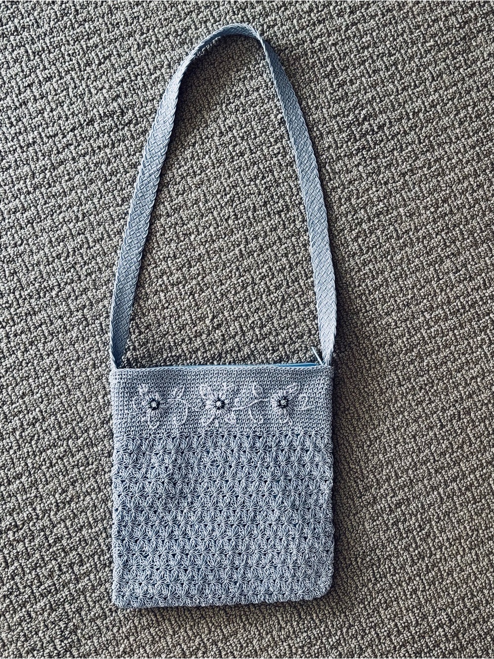 Light Blue Crochet Crossbody Bag with Floral Embroidery